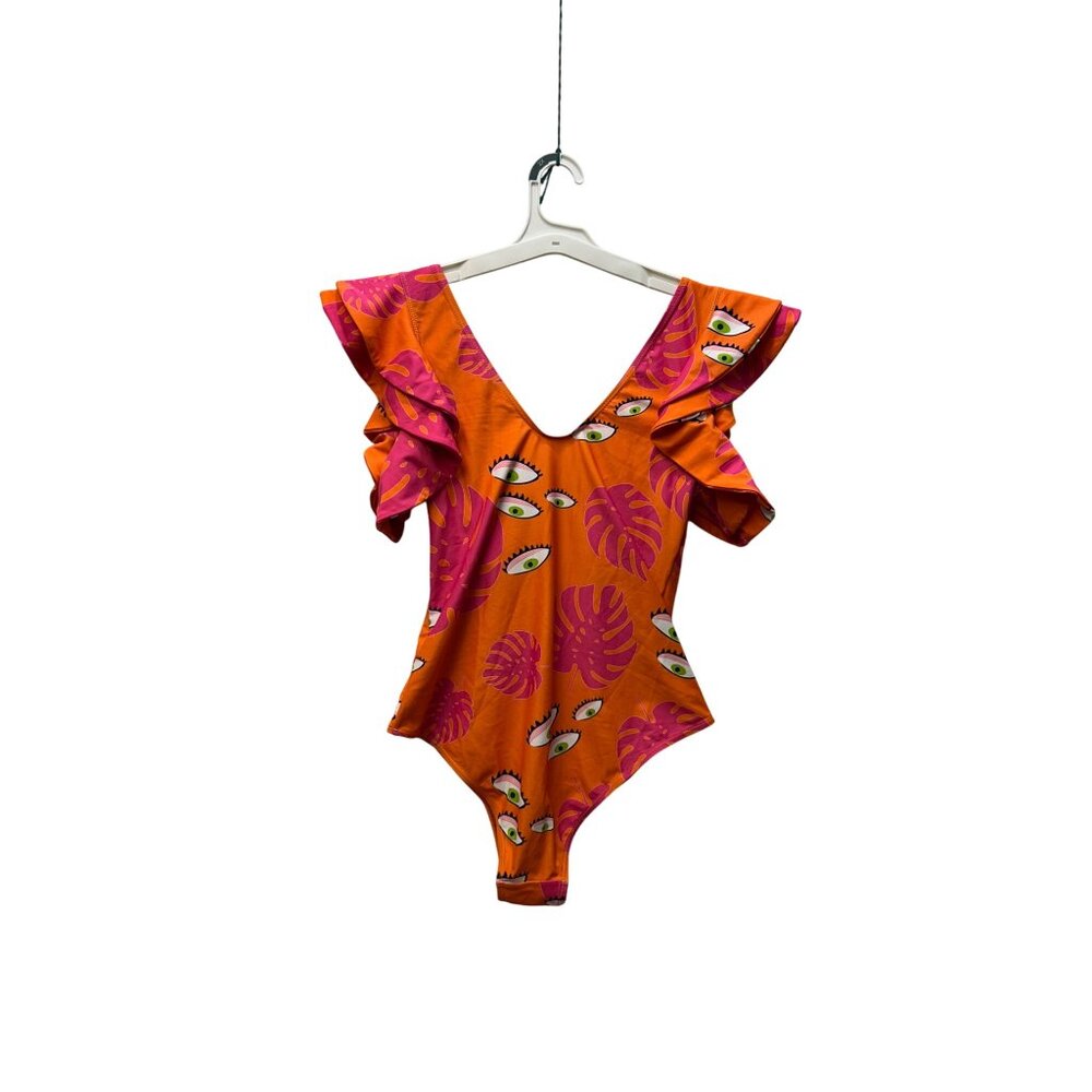 Orange & Pink Ruffled One-Piece Swimsuit With Eye & Leaf Print bathing suit XL - Picture 4 of 4